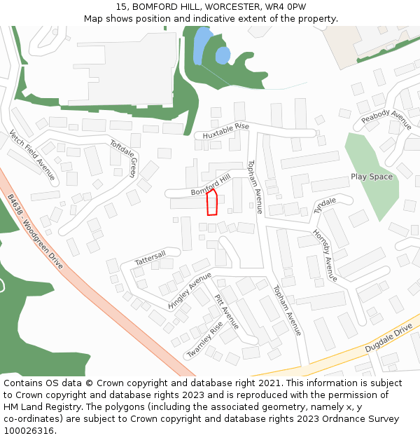 15, BOMFORD HILL, WORCESTER, WR4 0PW: Location map and indicative extent of plot