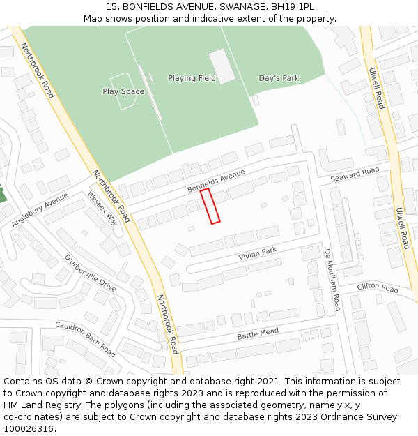 15, BONFIELDS AVENUE, SWANAGE, BH19 1PL: Location map and indicative extent of plot