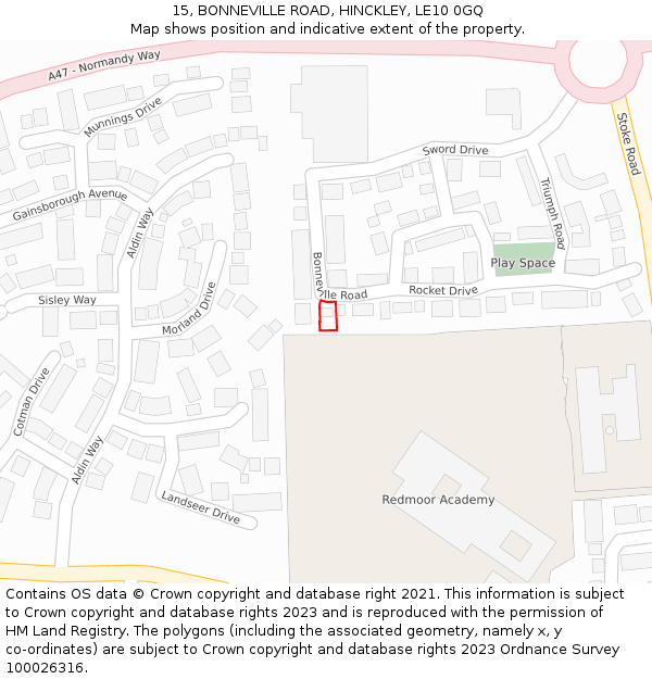 15, BONNEVILLE ROAD, HINCKLEY, LE10 0GQ: Location map and indicative extent of plot