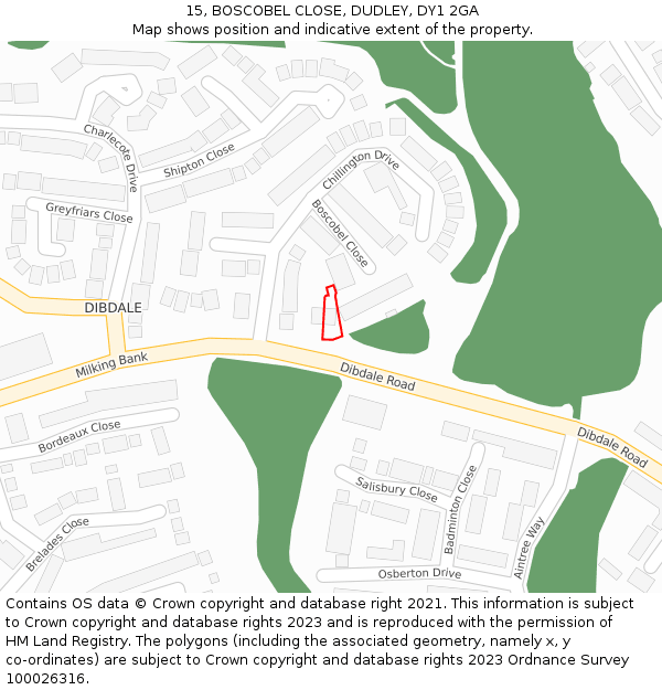 15, BOSCOBEL CLOSE, DUDLEY, DY1 2GA: Location map and indicative extent of plot