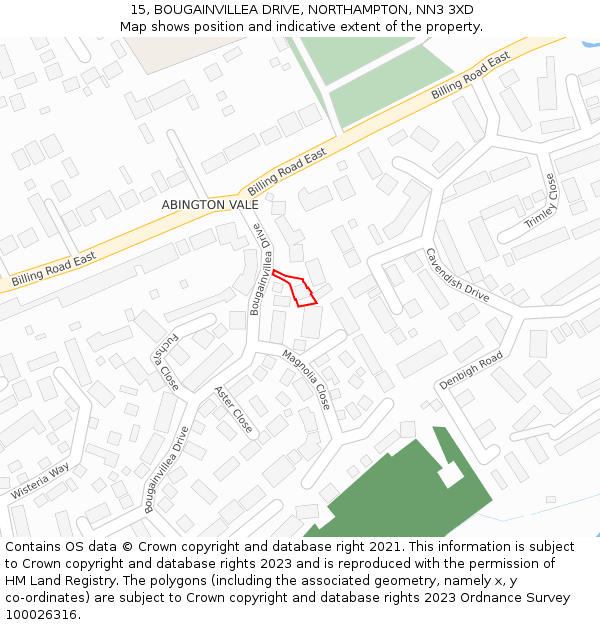 15, BOUGAINVILLEA DRIVE, NORTHAMPTON, NN3 3XD: Location map and indicative extent of plot