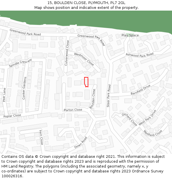 15, BOULDEN CLOSE, PLYMOUTH, PL7 2GL: Location map and indicative extent of plot