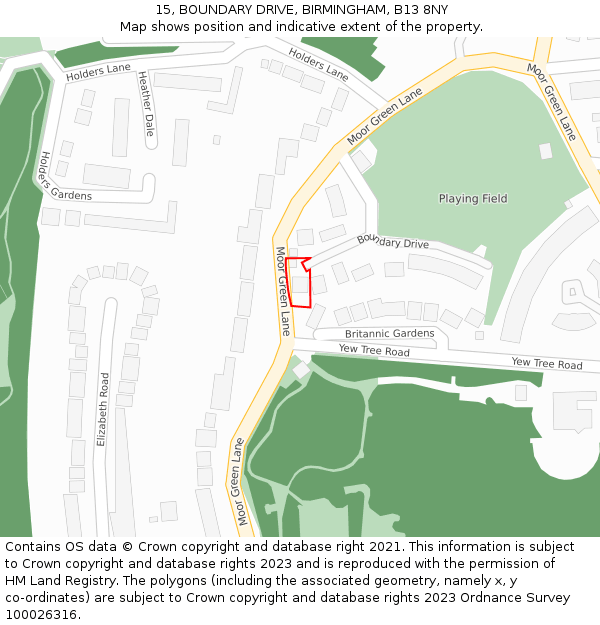 15, BOUNDARY DRIVE, BIRMINGHAM, B13 8NY: Location map and indicative extent of plot