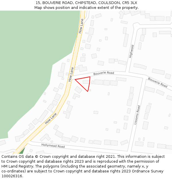 15, BOUVERIE ROAD, CHIPSTEAD, COULSDON, CR5 3LX: Location map and indicative extent of plot