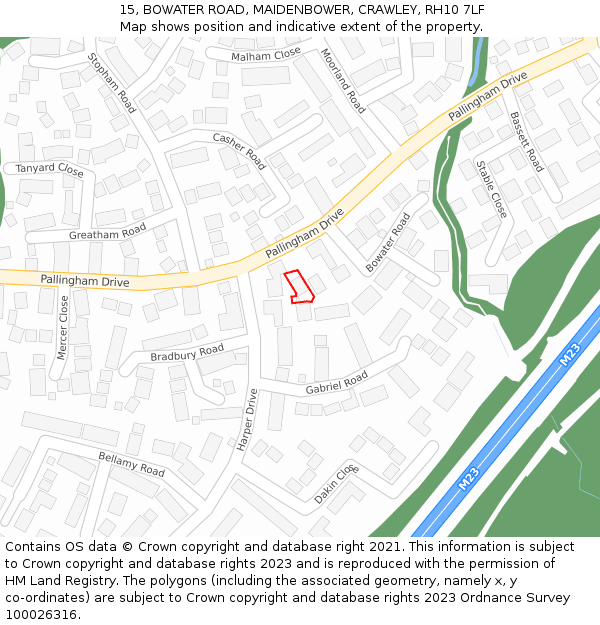 15, BOWATER ROAD, MAIDENBOWER, CRAWLEY, RH10 7LF: Location map and indicative extent of plot