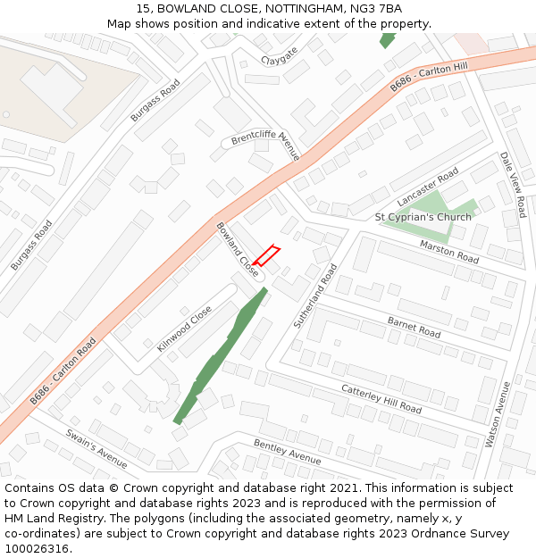 15, BOWLAND CLOSE, NOTTINGHAM, NG3 7BA: Location map and indicative extent of plot