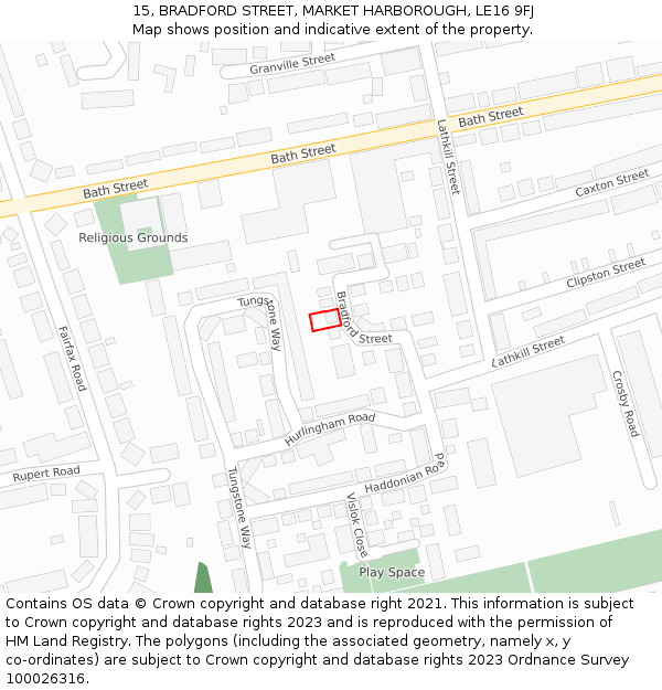 15, BRADFORD STREET, MARKET HARBOROUGH, LE16 9FJ: Location map and indicative extent of plot