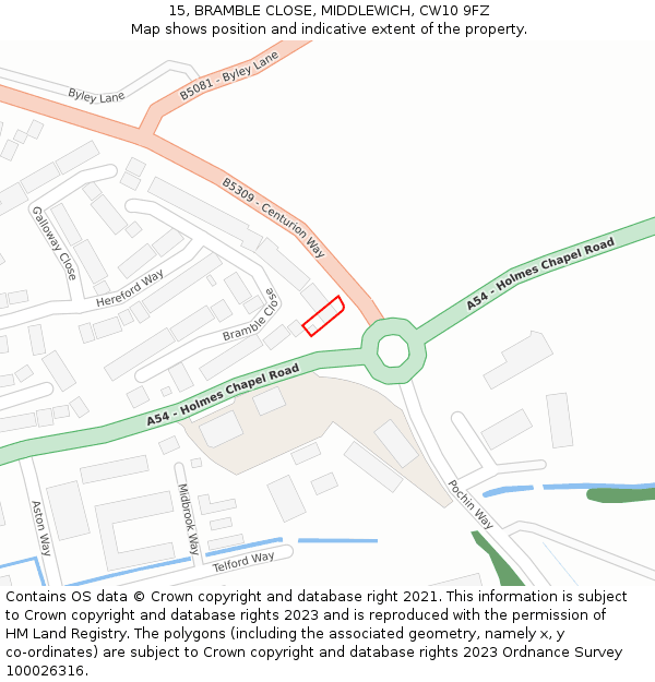 15, BRAMBLE CLOSE, MIDDLEWICH, CW10 9FZ: Location map and indicative extent of plot