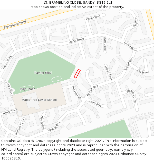 15, BRAMBLING CLOSE, SANDY, SG19 2UJ: Location map and indicative extent of plot