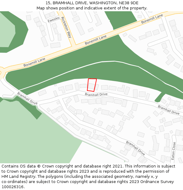 15, BRAMHALL DRIVE, WASHINGTON, NE38 9DE: Location map and indicative extent of plot