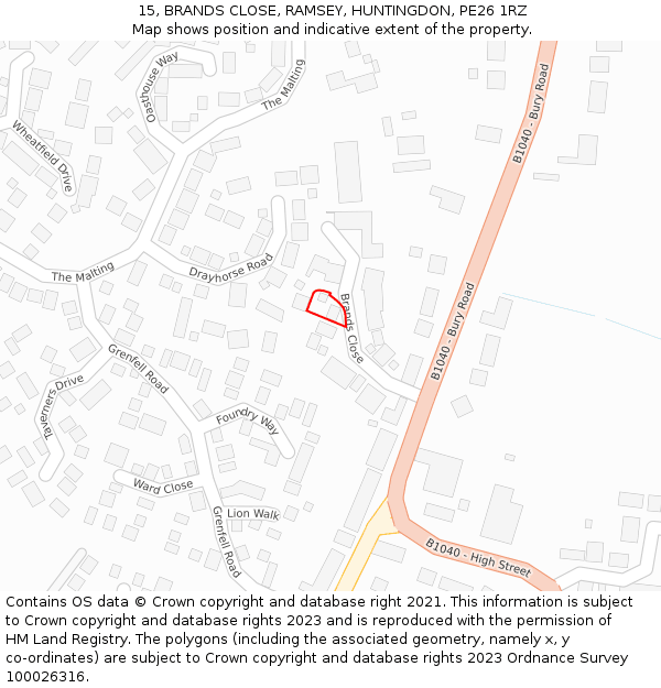 15, BRANDS CLOSE, RAMSEY, HUNTINGDON, PE26 1RZ: Location map and indicative extent of plot