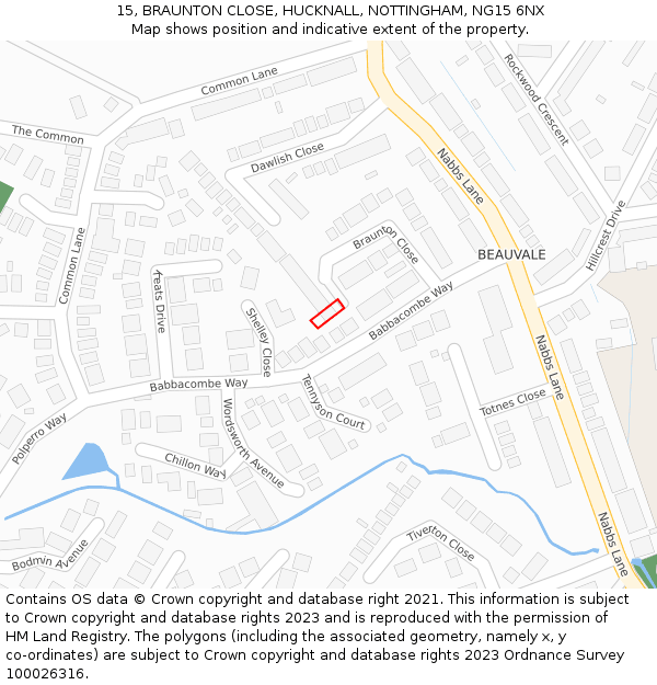 15, BRAUNTON CLOSE, HUCKNALL, NOTTINGHAM, NG15 6NX: Location map and indicative extent of plot