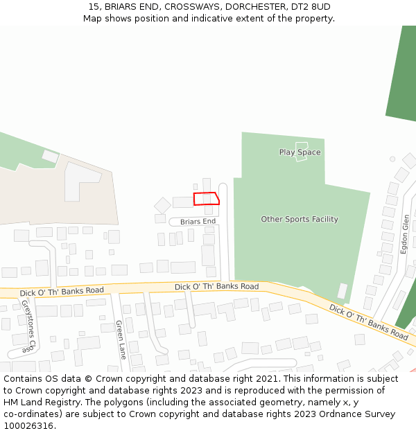 15, BRIARS END, CROSSWAYS, DORCHESTER, DT2 8UD: Location map and indicative extent of plot