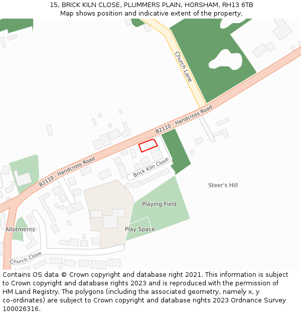 15, BRICK KILN CLOSE, PLUMMERS PLAIN, HORSHAM, RH13 6TB: Location map and indicative extent of plot