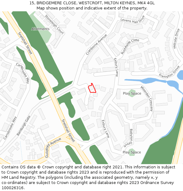 15, BRIDGEMERE CLOSE, WESTCROFT, MILTON KEYNES, MK4 4GL: Location map and indicative extent of plot