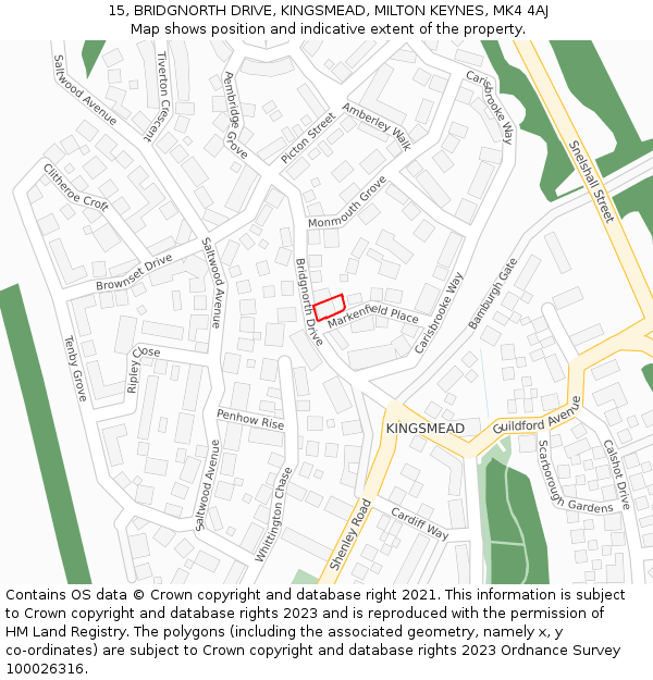 15, BRIDGNORTH DRIVE, KINGSMEAD, MILTON KEYNES, MK4 4AJ: Location map and indicative extent of plot