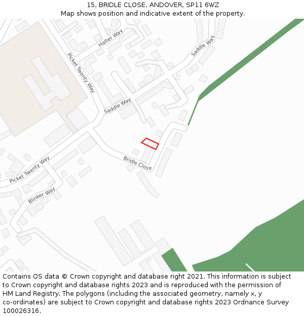 15, BRIDLE CLOSE, ANDOVER, SP11 6WZ: Location map and indicative extent of plot