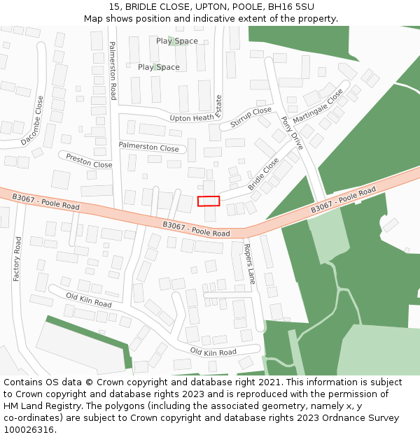 15, BRIDLE CLOSE, UPTON, POOLE, BH16 5SU: Location map and indicative extent of plot