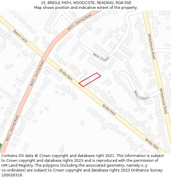 15, BRIDLE PATH, WOODCOTE, READING, RG8 0SE: Location map and indicative extent of plot