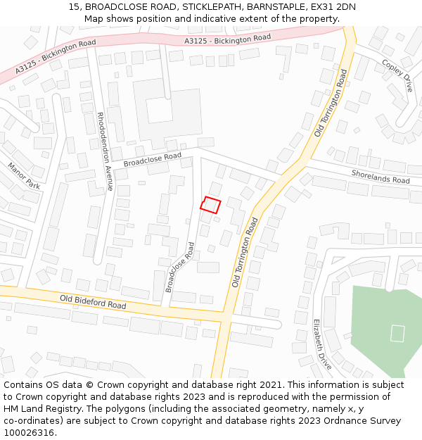 15, BROADCLOSE ROAD, STICKLEPATH, BARNSTAPLE, EX31 2DN: Location map and indicative extent of plot