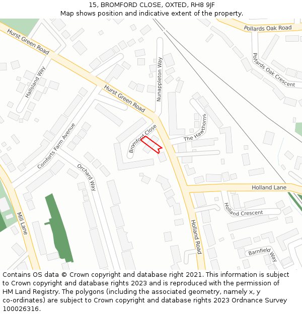 15, BROMFORD CLOSE, OXTED, RH8 9JF: Location map and indicative extent of plot