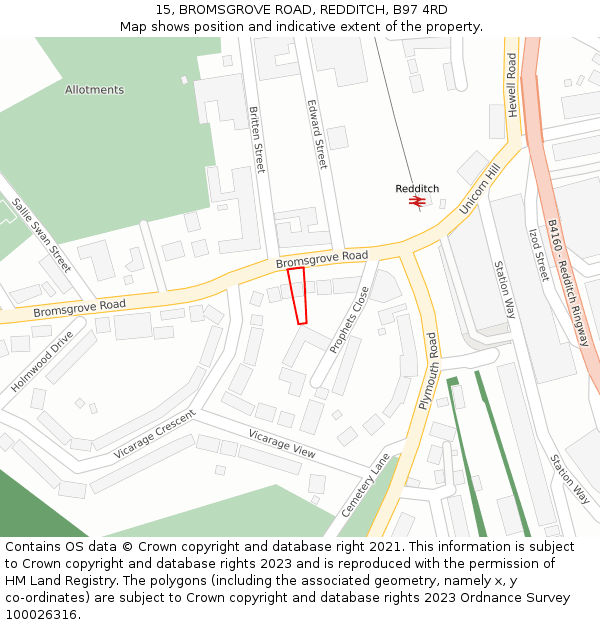 15, BROMSGROVE ROAD, REDDITCH, B97 4RD: Location map and indicative extent of plot