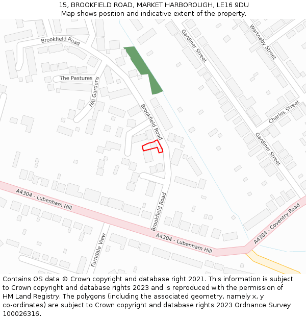 15, BROOKFIELD ROAD, MARKET HARBOROUGH, LE16 9DU: Location map and indicative extent of plot
