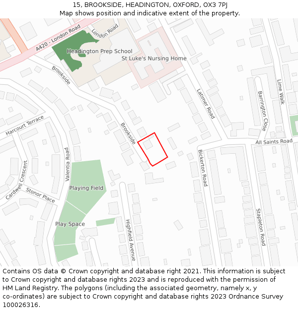 15, BROOKSIDE, HEADINGTON, OXFORD, OX3 7PJ: Location map and indicative extent of plot