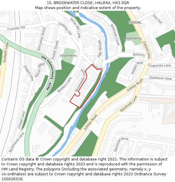 15, BROOKWATER CLOSE, HALIFAX, HX3 0QR: Location map and indicative extent of plot