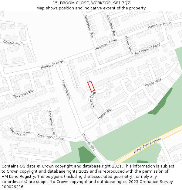 15, BROOM CLOSE, WORKSOP, S81 7QZ: Location map and indicative extent of plot