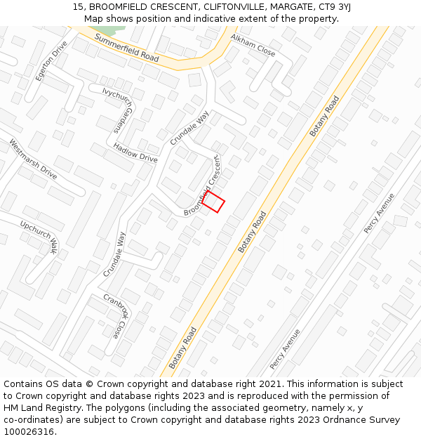 15, BROOMFIELD CRESCENT, CLIFTONVILLE, MARGATE, CT9 3YJ: Location map and indicative extent of plot