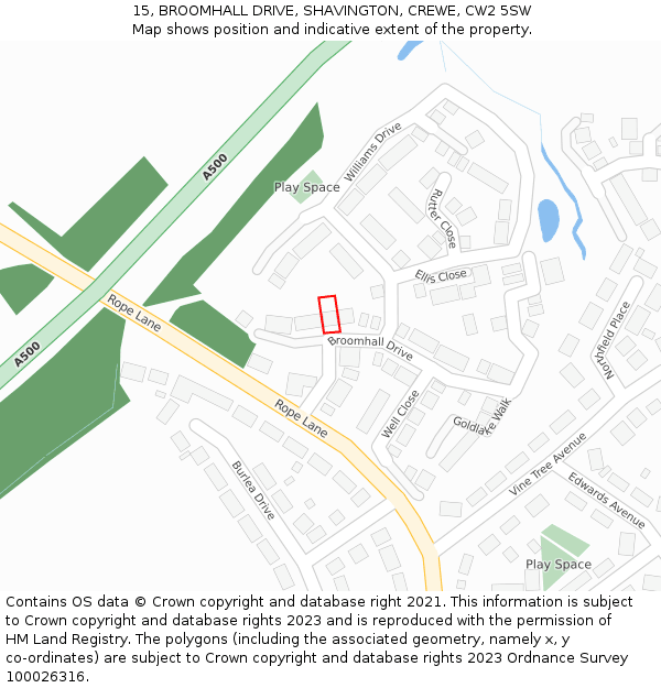 15, BROOMHALL DRIVE, SHAVINGTON, CREWE, CW2 5SW: Location map and indicative extent of plot