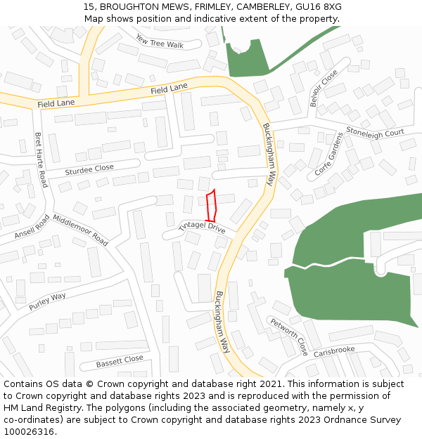 15, BROUGHTON MEWS, FRIMLEY, CAMBERLEY, GU16 8XG: Location map and indicative extent of plot