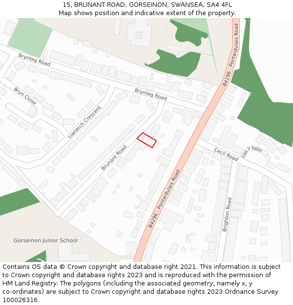 15, BRUNANT ROAD, GORSEINON, SWANSEA, SA4 4FL: Location map and indicative extent of plot