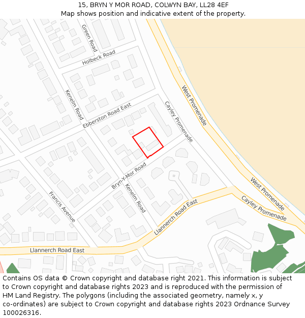 15, BRYN Y MOR ROAD, COLWYN BAY, LL28 4EF: Location map and indicative extent of plot
