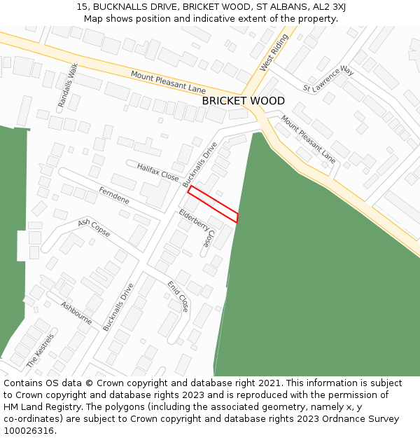15, BUCKNALLS DRIVE, BRICKET WOOD, ST ALBANS, AL2 3XJ: Location map and indicative extent of plot