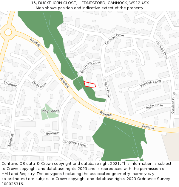 15, BUCKTHORN CLOSE, HEDNESFORD, CANNOCK, WS12 4SX: Location map and indicative extent of plot