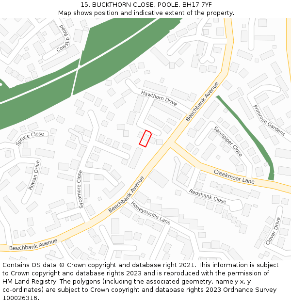 15, BUCKTHORN CLOSE, POOLE, BH17 7YF: Location map and indicative extent of plot