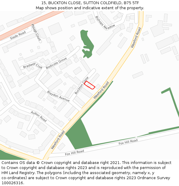 15, BUCKTON CLOSE, SUTTON COLDFIELD, B75 5TF: Location map and indicative extent of plot