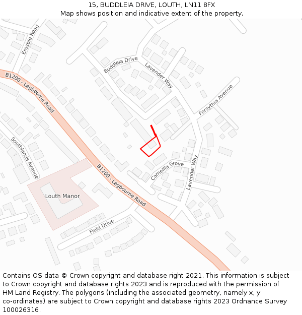 15, BUDDLEIA DRIVE, LOUTH, LN11 8FX: Location map and indicative extent of plot