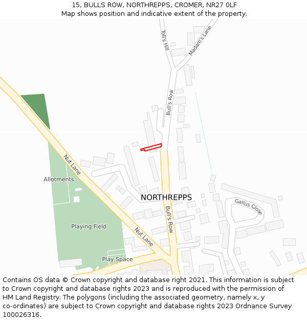 15, BULLS ROW, NORTHREPPS, CROMER, NR27 0LF: Location map and indicative extent of plot
