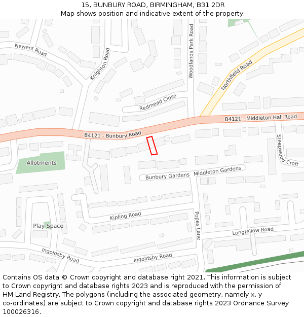 15, BUNBURY ROAD, BIRMINGHAM, B31 2DR: Location map and indicative extent of plot