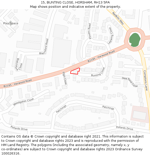 15, BUNTING CLOSE, HORSHAM, RH13 5PA: Location map and indicative extent of plot