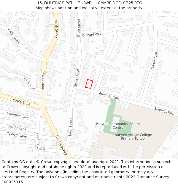 15, BUNTINGS PATH, BURWELL, CAMBRIDGE, CB25 0EG: Location map and indicative extent of plot