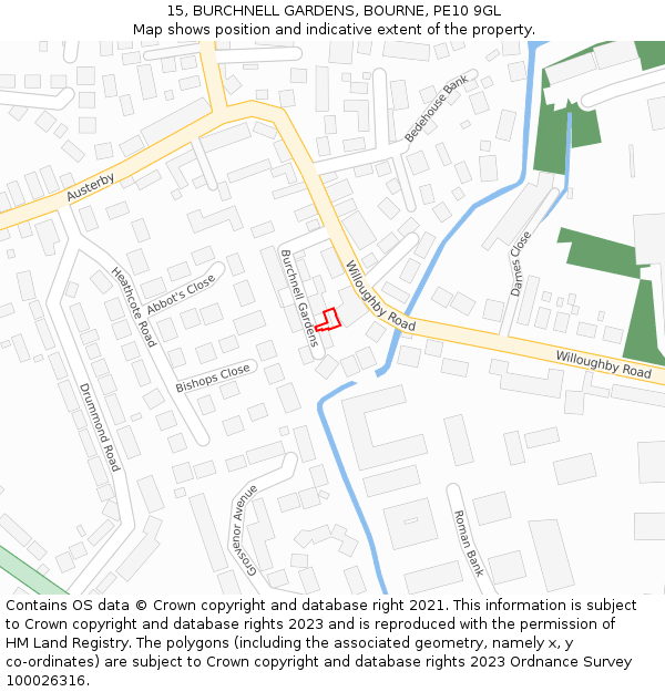 15, BURCHNELL GARDENS, BOURNE, PE10 9GL: Location map and indicative extent of plot