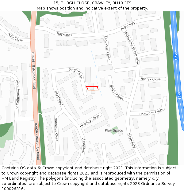 15, BURGH CLOSE, CRAWLEY, RH10 3TS: Location map and indicative extent of plot