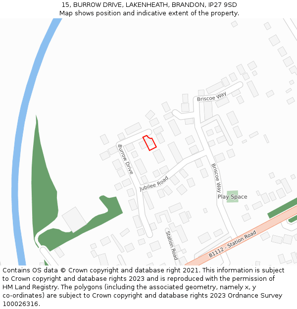 15, BURROW DRIVE, LAKENHEATH, BRANDON, IP27 9SD: Location map and indicative extent of plot