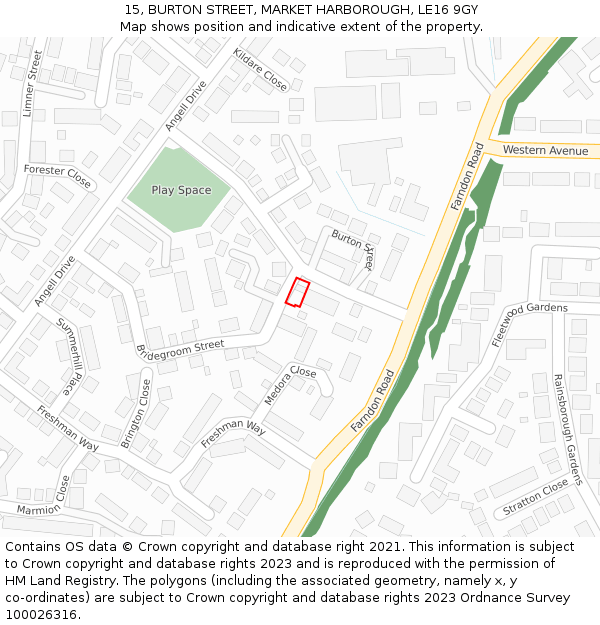 15, BURTON STREET, MARKET HARBOROUGH, LE16 9GY: Location map and indicative extent of plot