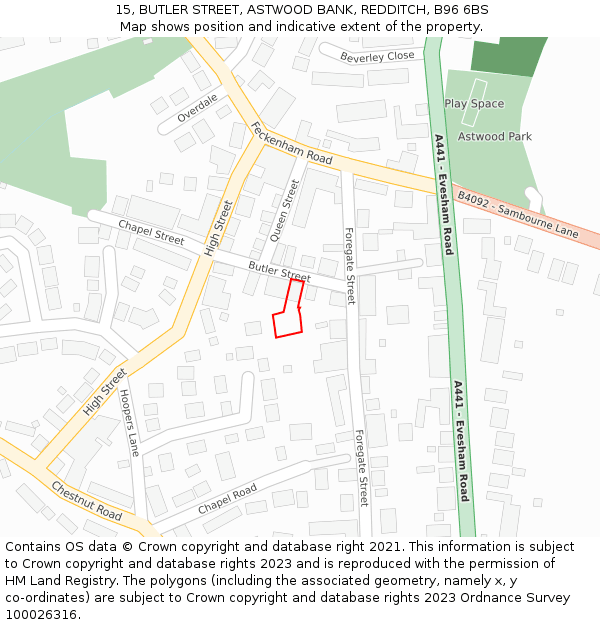 15, BUTLER STREET, ASTWOOD BANK, REDDITCH, B96 6BS: Location map and indicative extent of plot