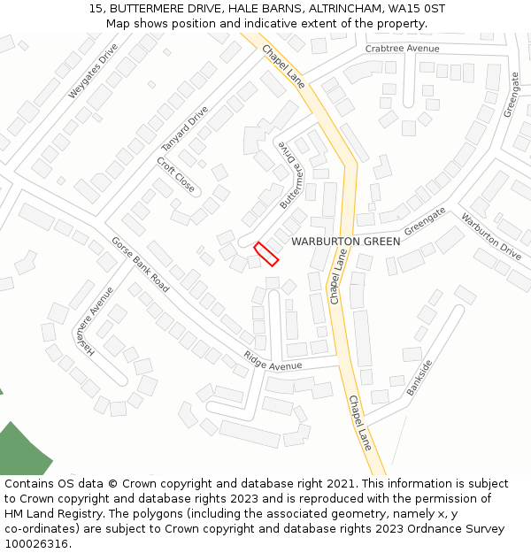 15, BUTTERMERE DRIVE, HALE BARNS, ALTRINCHAM, WA15 0ST: Location map and indicative extent of plot